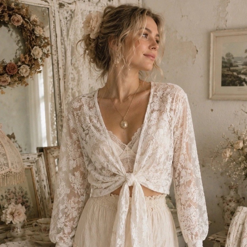 Amber Glen Sheer Lace Cardigan Shabby Chic Romantic Boho Cottagecore Fairycore M